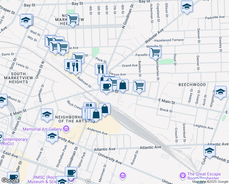 map of restaurants, bars, coffee shops, grocery stores, and more near 355 Hayward Avenue in Rochester