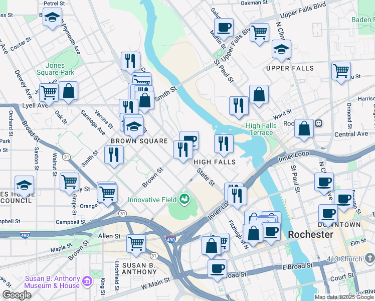 map of restaurants, bars, coffee shops, grocery stores, and more near 296 Mill Street in Rochester