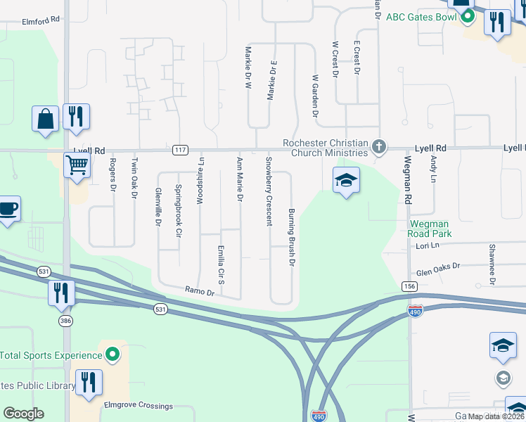 map of restaurants, bars, coffee shops, grocery stores, and more near 21 Ann Marie Drive in Rochester