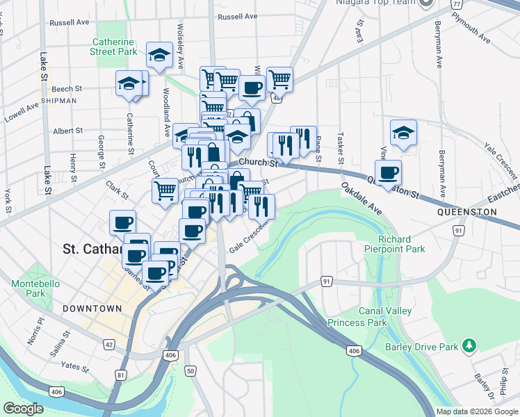 map of restaurants, bars, coffee shops, grocery stores, and more near 30 Division Street in Saint Catharines