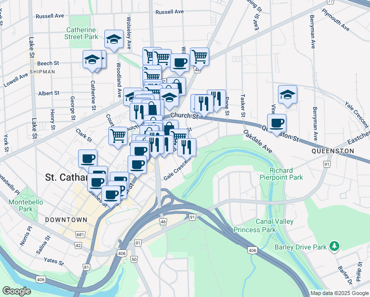map of restaurants, bars, coffee shops, grocery stores, and more near in St. Catharines