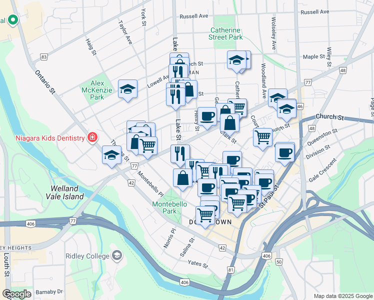 map of restaurants, bars, coffee shops, grocery stores, and more near in St. Catharines