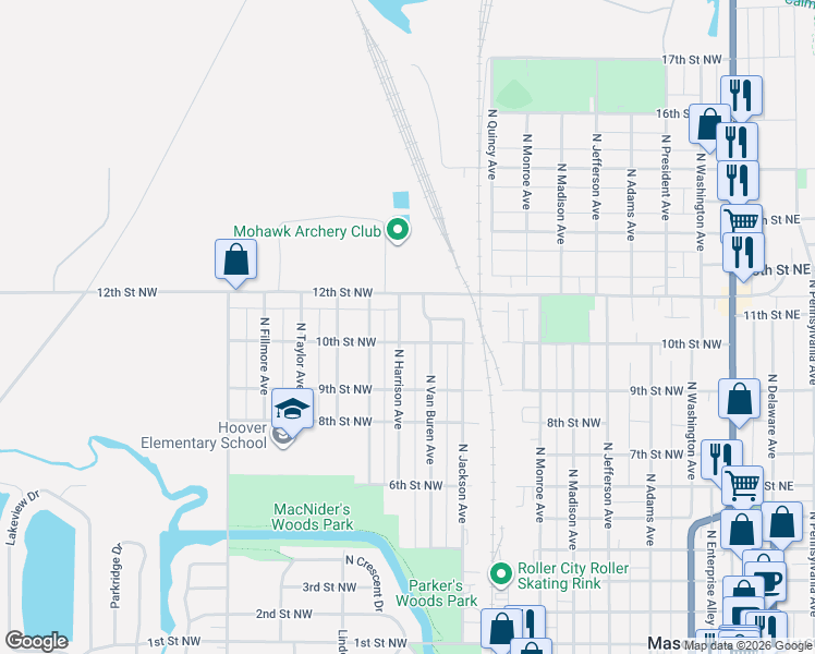 map of restaurants, bars, coffee shops, grocery stores, and more near 831 12th Street Northwest in Mason City