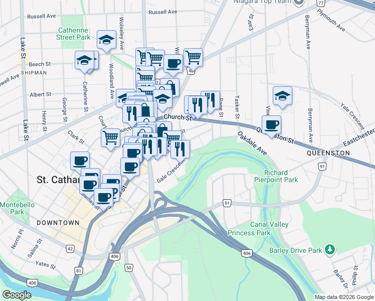 map of restaurants, bars, coffee shops, grocery stores, and more near 32 Gale Crescent in St. Catharines