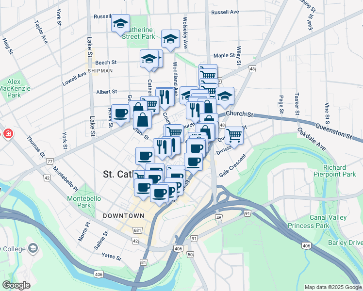 map of restaurants, bars, coffee shops, grocery stores, and more near 198 King Street in St. Catharines