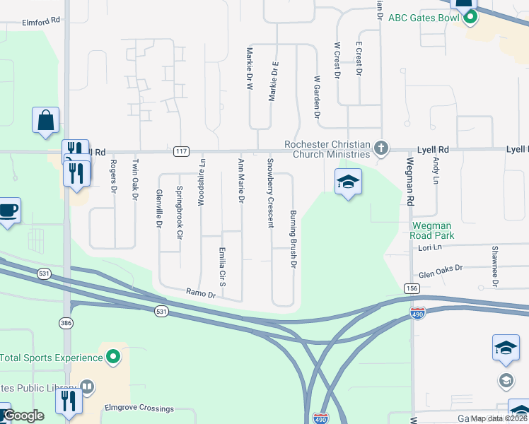 map of restaurants, bars, coffee shops, grocery stores, and more near 21 Ann Marie Drive in Rochester