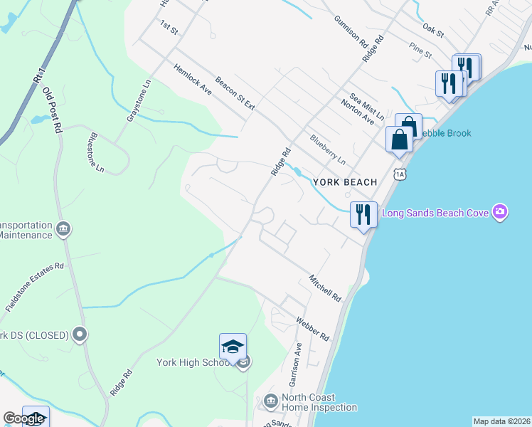 map of restaurants, bars, coffee shops, grocery stores, and more near 232 Ridge Road in York