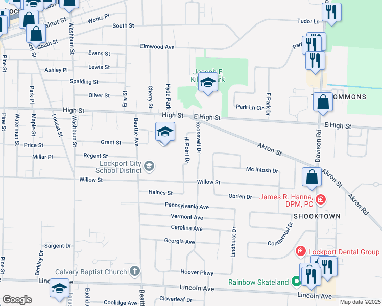 map of restaurants, bars, coffee shops, grocery stores, and more near 38 Hi Point Drive in Lockport