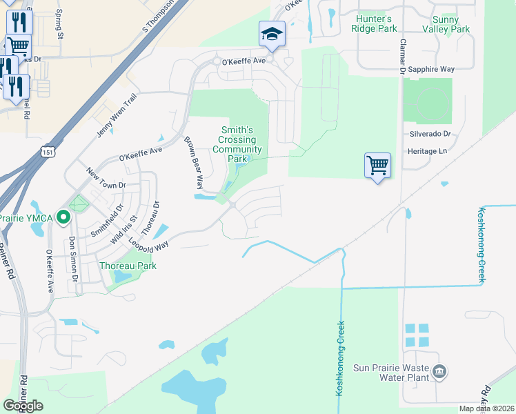 map of restaurants, bars, coffee shops, grocery stores, and more near 2177 Leopold Way in Sun Prairie