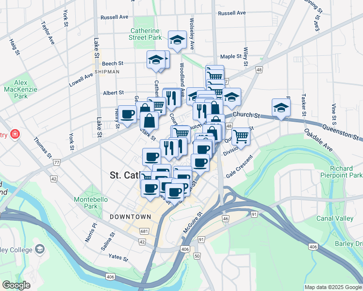 map of restaurants, bars, coffee shops, grocery stores, and more near in St. Catharines