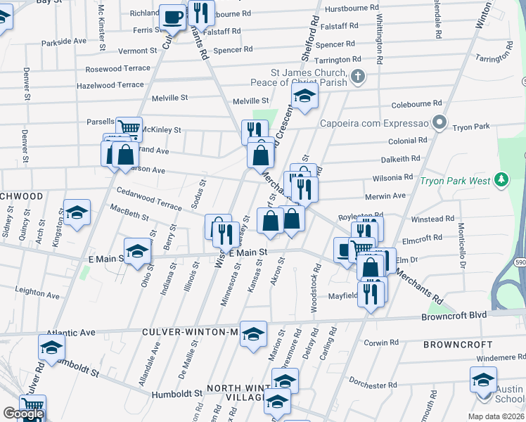 map of restaurants, bars, coffee shops, grocery stores, and more near 72 Mildorf Street in Rochester
