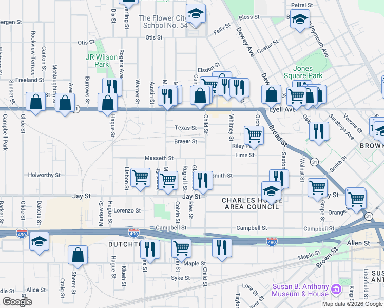map of restaurants, bars, coffee shops, grocery stores, and more near 41 Brayer Street in Rochester