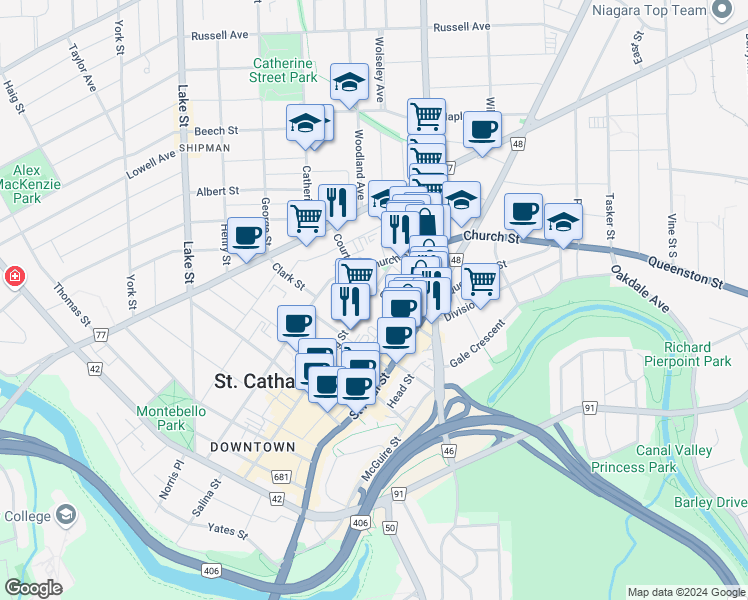 map of restaurants, bars, coffee shops, grocery stores, and more near in St. Catharines