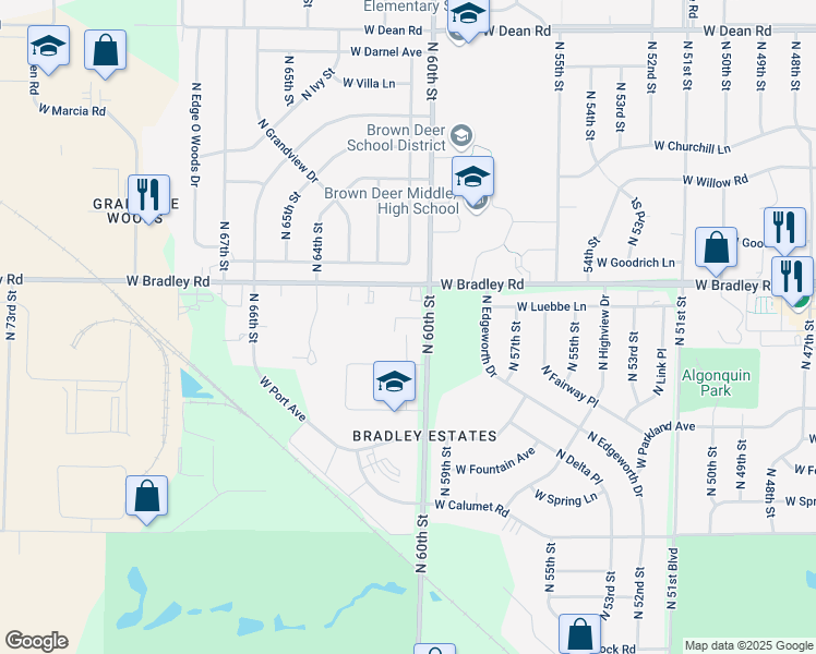 map of restaurants, bars, coffee shops, grocery stores, and more near 6011 West Bradley Road in Milwaukee