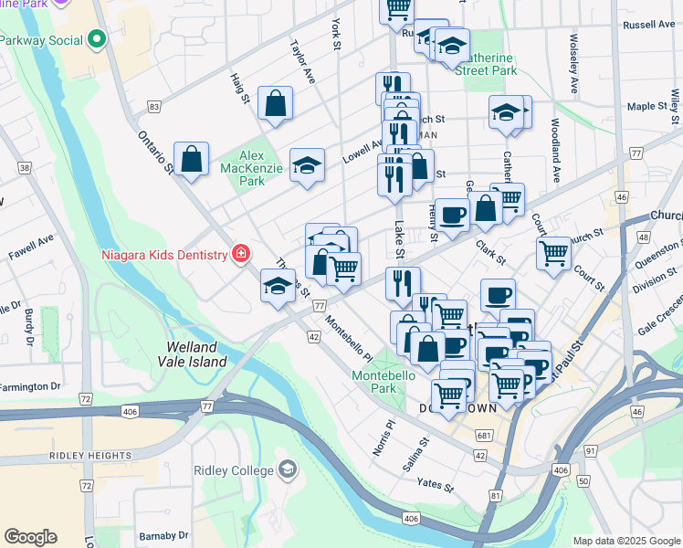map of restaurants, bars, coffee shops, grocery stores, and more near 7 York Street in St. Catharines