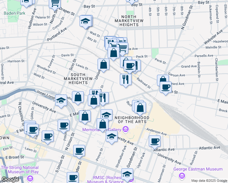 map of restaurants, bars, coffee shops, grocery stores, and more near 86 Prince Street in Rochester