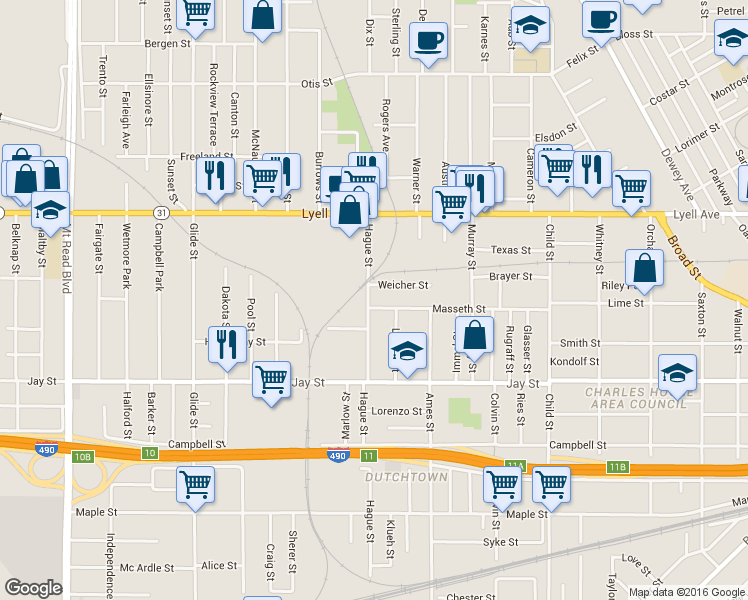 map of restaurants, bars, coffee shops, grocery stores, and more near 574 Hague Street in Rochester
