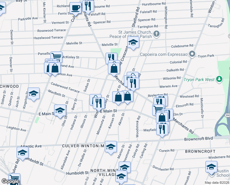 map of restaurants, bars, coffee shops, grocery stores, and more near 72 Mildorf Street in Rochester