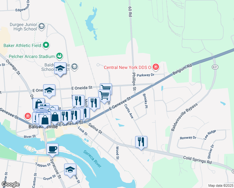 map of restaurants, bars, coffee shops, grocery stores, and more near 78 East Oneida Street in Baldwinsville