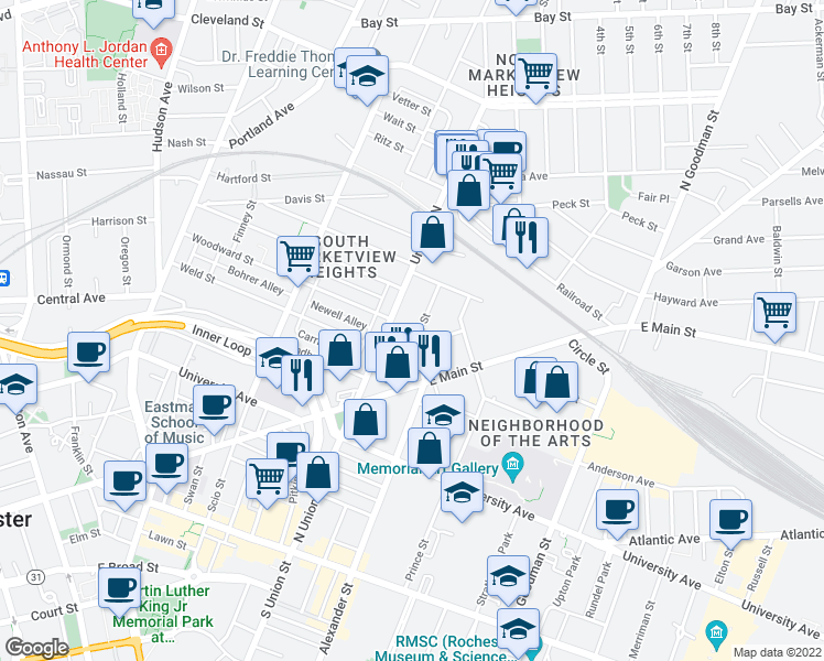 map of restaurants, bars, coffee shops, grocery stores, and more near 461 Alexander Street in Rochester