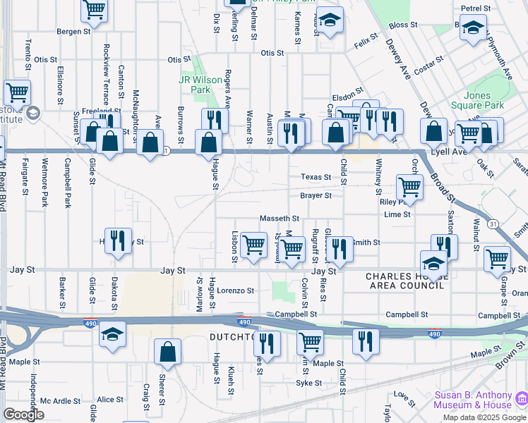 map of restaurants, bars, coffee shops, grocery stores, and more near 145 Murray Street in Rochester