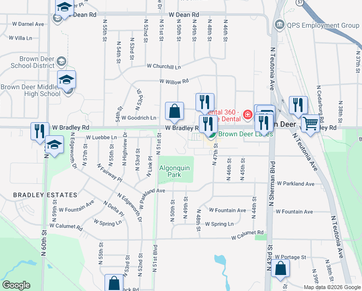 map of restaurants, bars, coffee shops, grocery stores, and more near 5005 West Bradley Road in Brown Deer