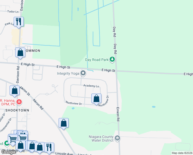 map of restaurants, bars, coffee shops, grocery stores, and more near 6852 East High Street in Lockport