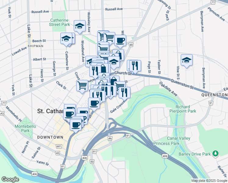 map of restaurants, bars, coffee shops, grocery stores, and more near 24 Queenston Street in Saint Catharines