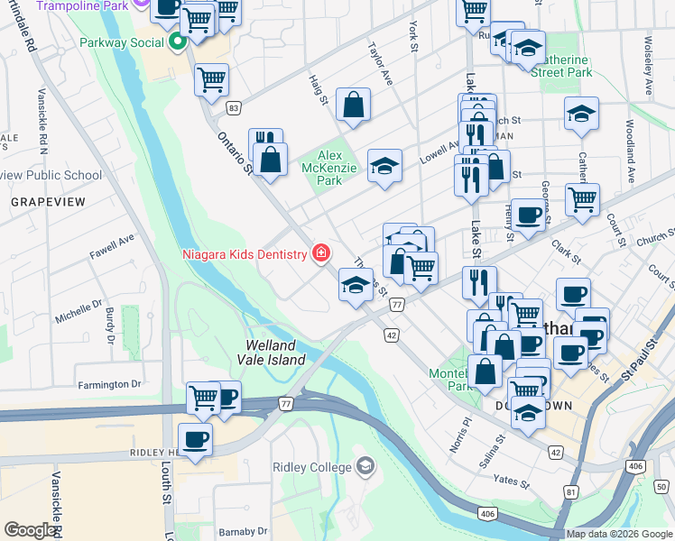 map of restaurants, bars, coffee shops, grocery stores, and more near 196 Ontario Street in Saint Catharines