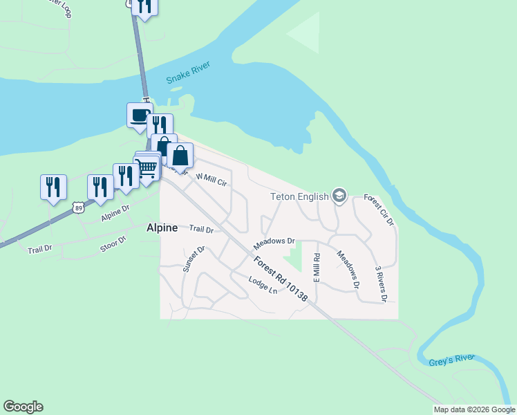 map of restaurants, bars, coffee shops, grocery stores, and more near 356 Wooden Spur Drive in Alpine