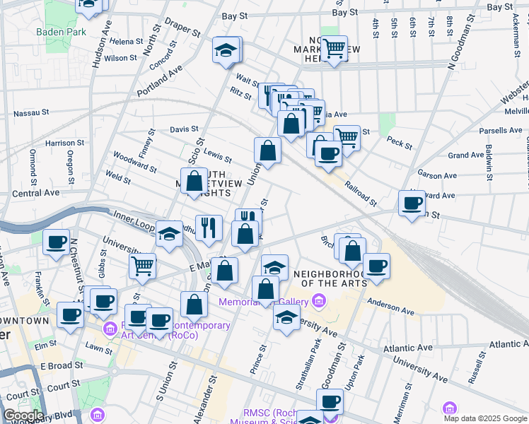 map of restaurants, bars, coffee shops, grocery stores, and more near 471 Alexander Street in Rochester