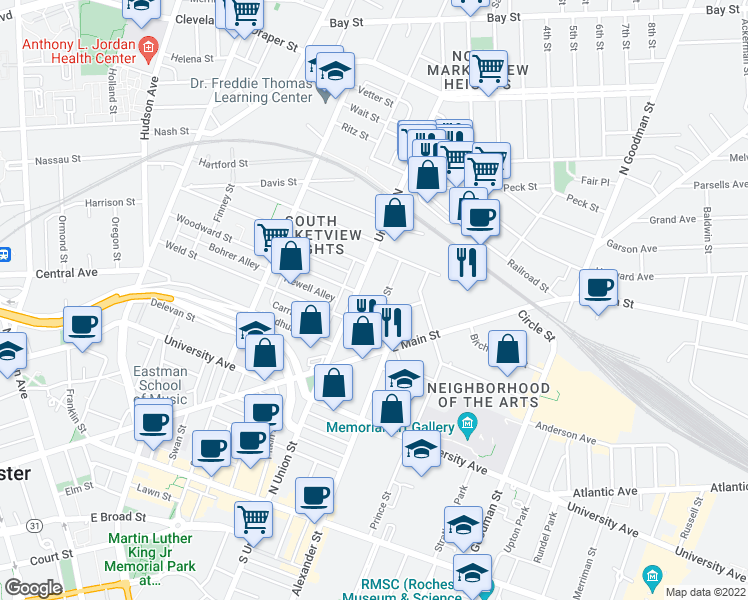 map of restaurants, bars, coffee shops, grocery stores, and more near 471 Alexander Street in Rochester