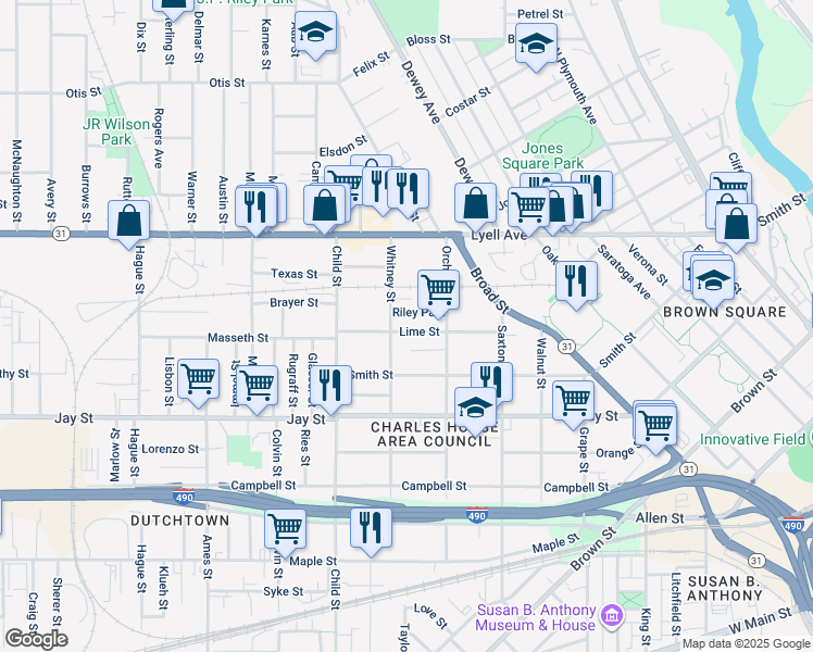 map of restaurants, bars, coffee shops, grocery stores, and more near 9 Riley Park in Rochester