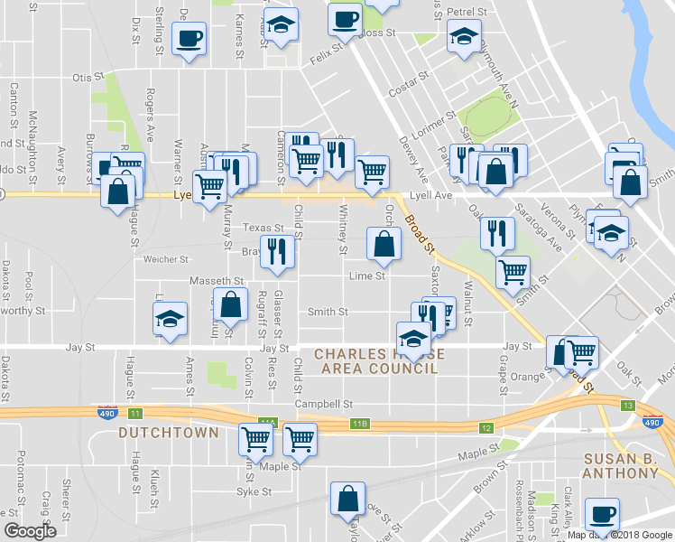 map of restaurants, bars, coffee shops, grocery stores, and more near 315 Whitney Street in Rochester