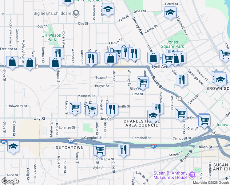 map of restaurants, bars, coffee shops, grocery stores, and more near 526 Child Street in Rochester