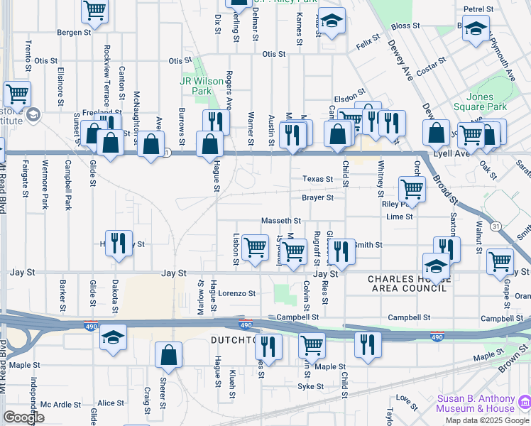 map of restaurants, bars, coffee shops, grocery stores, and more near 145 Murray Street in Rochester