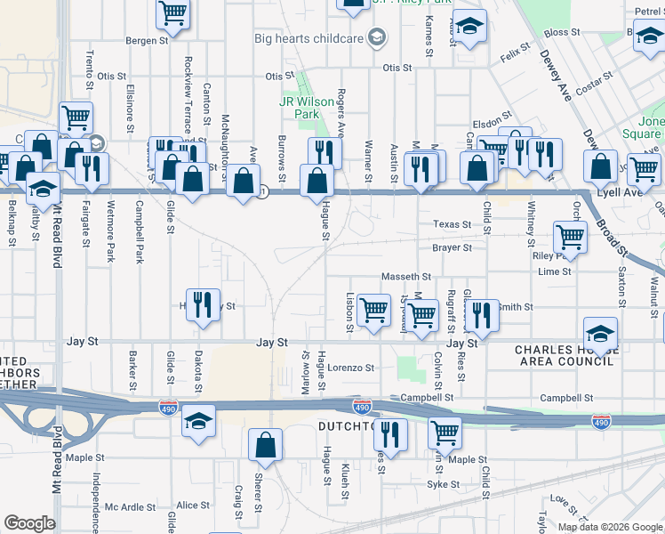 map of restaurants, bars, coffee shops, grocery stores, and more near 606 Hague Street in Rochester