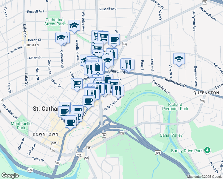 map of restaurants, bars, coffee shops, grocery stores, and more near 17 Queenston Street in St. Catharines