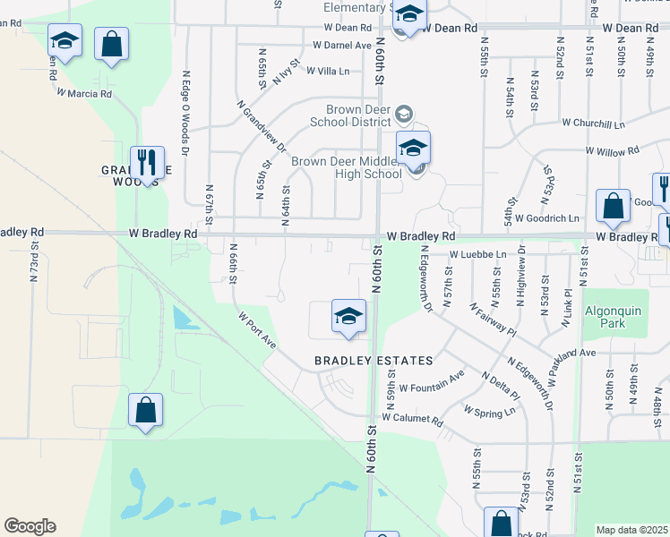 map of restaurants, bars, coffee shops, grocery stores, and more near 6201 West Bradley Road in Milwaukee