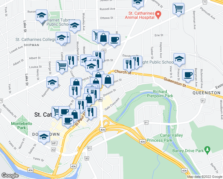 map of restaurants, bars, coffee shops, grocery stores, and more near 23 Division Street in St. Catharines