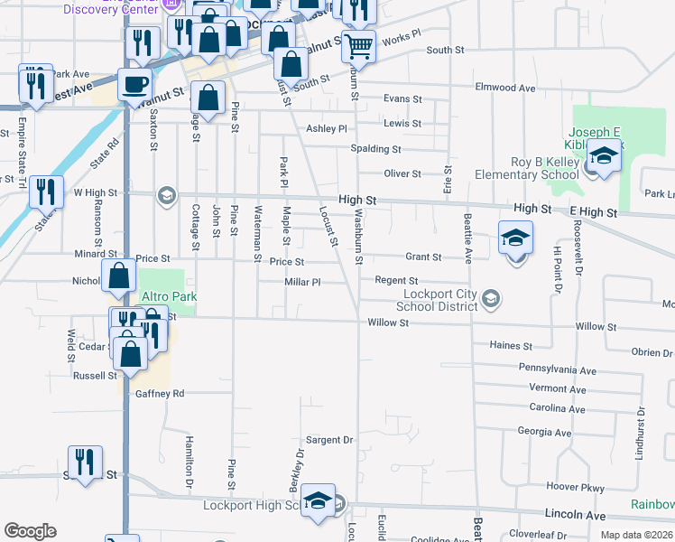 map of restaurants, bars, coffee shops, grocery stores, and more near 292 Locust Street in Lockport
