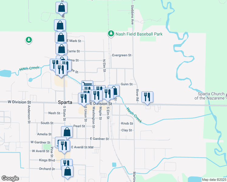 map of restaurants, bars, coffee shops, grocery stores, and more near 105 Loomis Street in Sparta