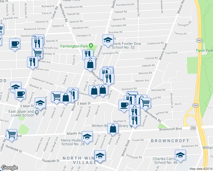 map of restaurants, bars, coffee shops, grocery stores, and more near 259 Akron Street in Rochester