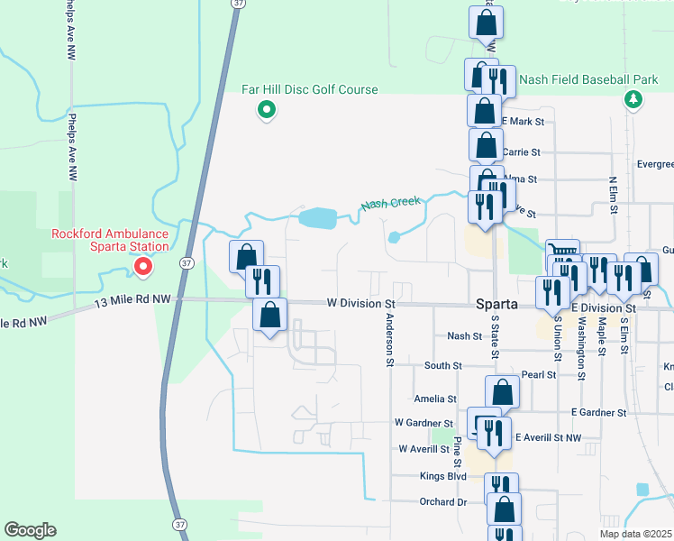map of restaurants, bars, coffee shops, grocery stores, and more near 62 Chary Lane in Sparta