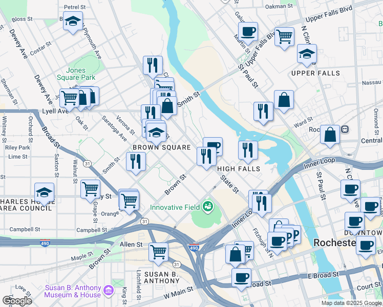 map of restaurants, bars, coffee shops, grocery stores, and more near 426 State Street in Rochester
