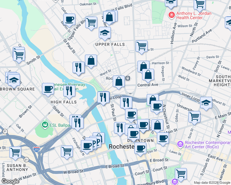 map of restaurants, bars, coffee shops, grocery stores, and more near 263 Central Avenue in Rochester