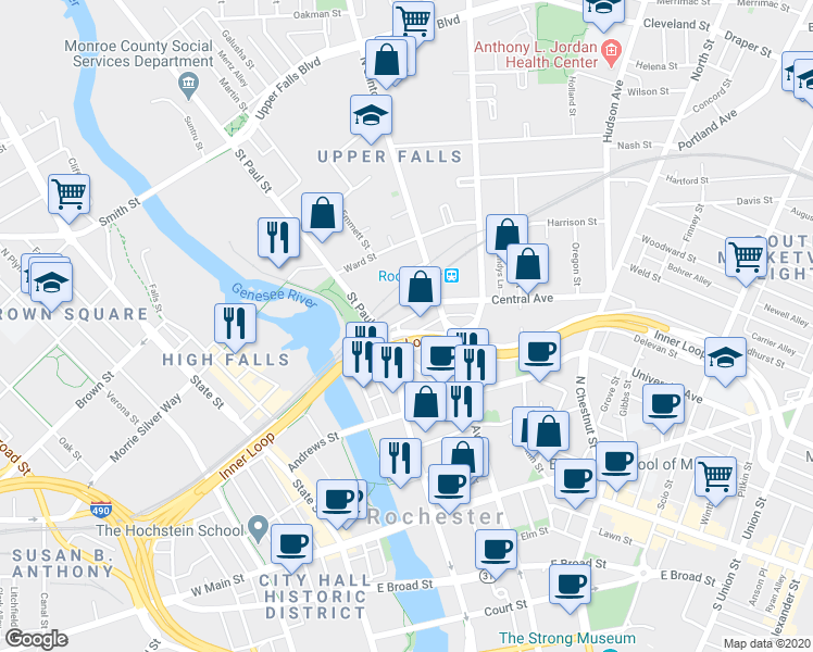 map of restaurants, bars, coffee shops, grocery stores, and more near 270 Central Avenue in Rochester