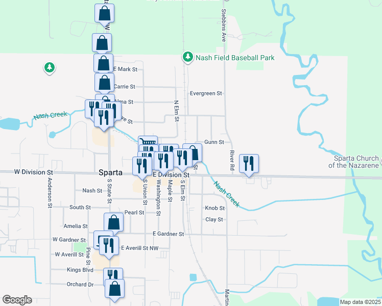 map of restaurants, bars, coffee shops, grocery stores, and more near 105 Loomis Street in Sparta