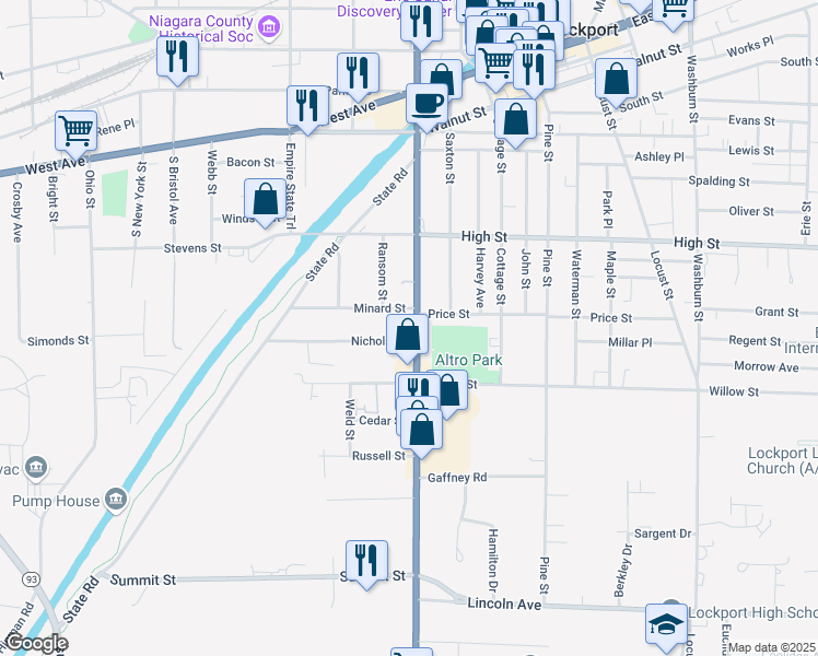 map of restaurants, bars, coffee shops, grocery stores, and more near 199 South Transit Street in Lockport