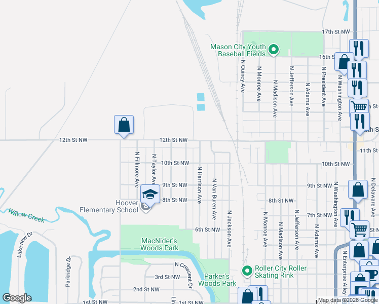 map of restaurants, bars, coffee shops, grocery stores, and more near 831 12th Street Northwest in Mason City
